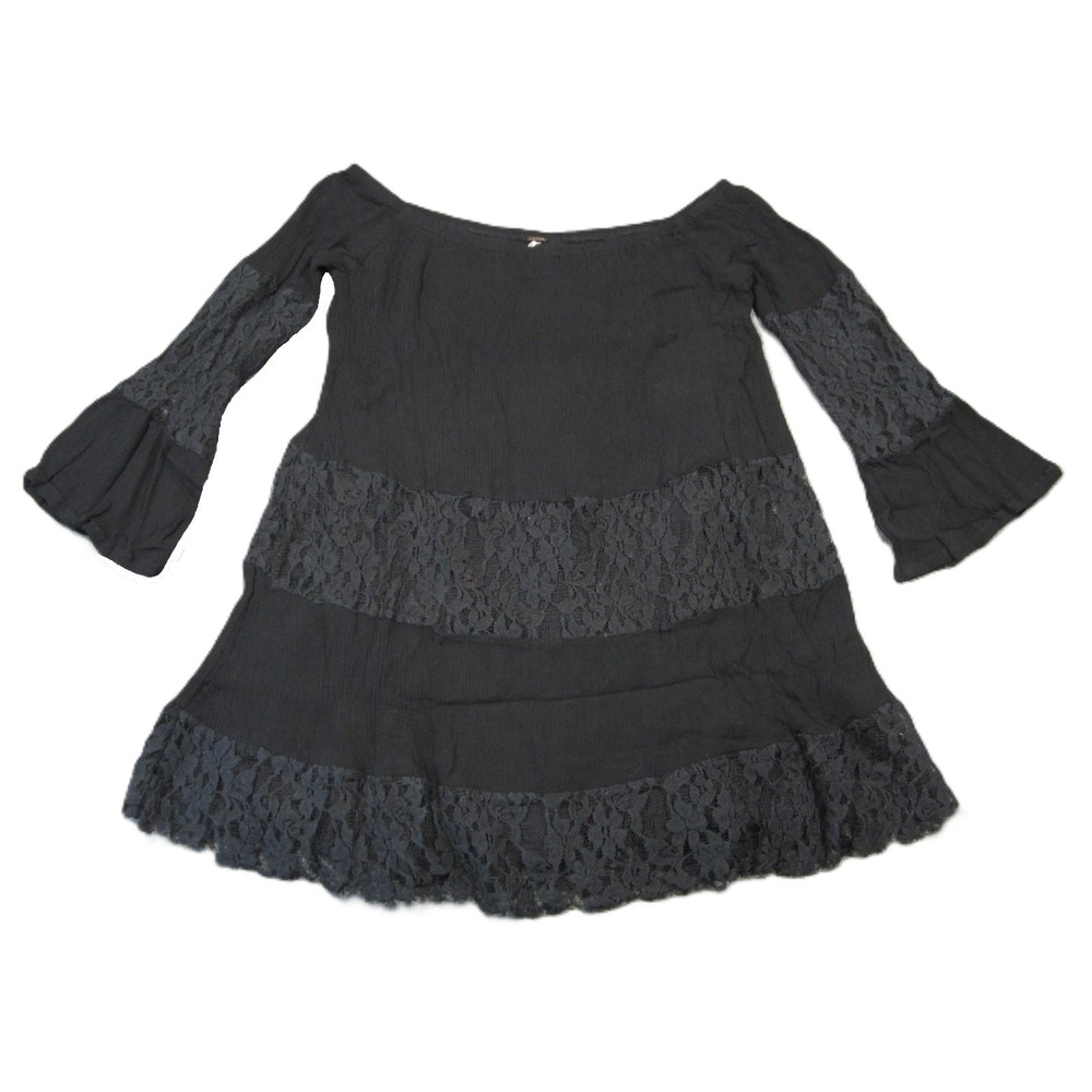 Free People Off-the-Shoulder Tunic Top M Black Lace Trim Bell Sleeve Boho Hippie